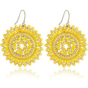 Yellow Crystal Glass Bead Dangle Drop Statement Beaded Trendy Earrings For Women